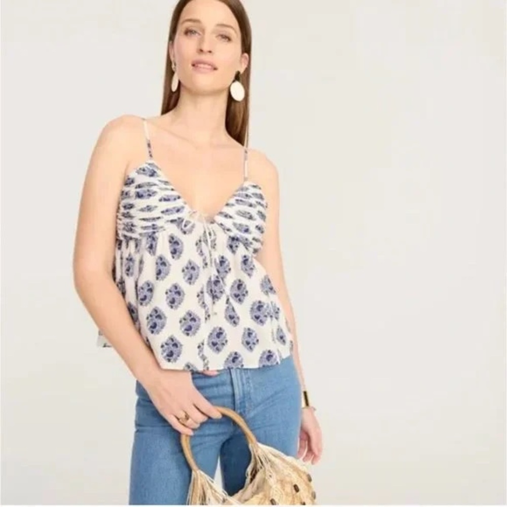 J. Crew Women Gathered Lurex Halter Top 4 White Blue‎ Paisley Babydoll Preppy